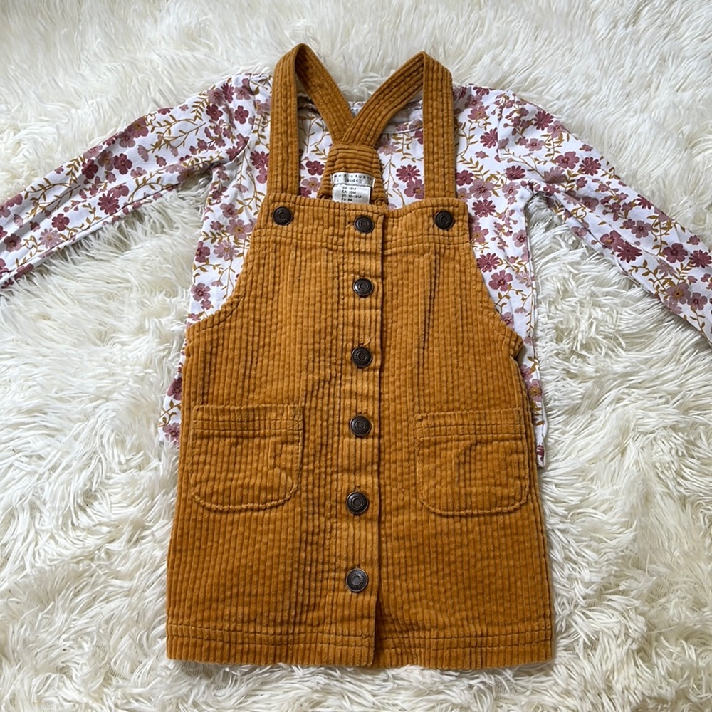 Corduroy overall dress with matching long sleeve floral top size 18 mo